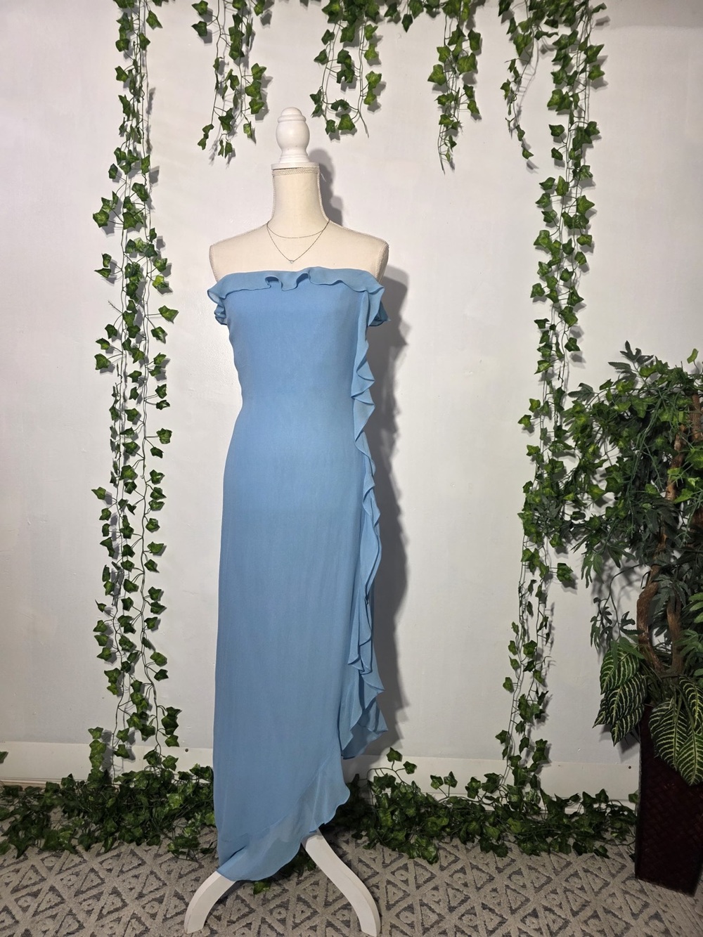 Ralph Lauren Strapless Light Blue Ruffle Maxi Dress